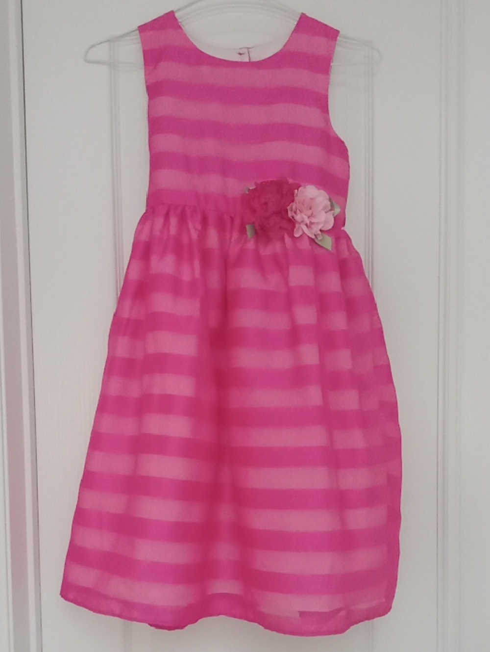Girls' Bright Hot Pink Striped Floral Waist Party Dress